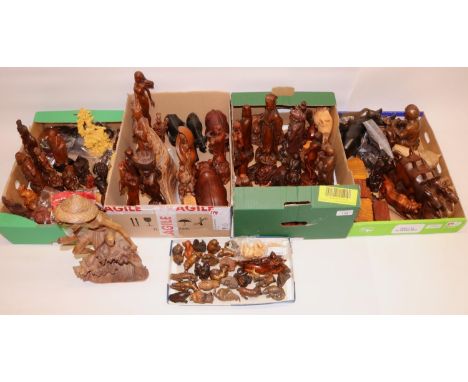 Large collection of modern Asian figures, stands, netsuke etc., predominately wood effect resin (5 boxes) 