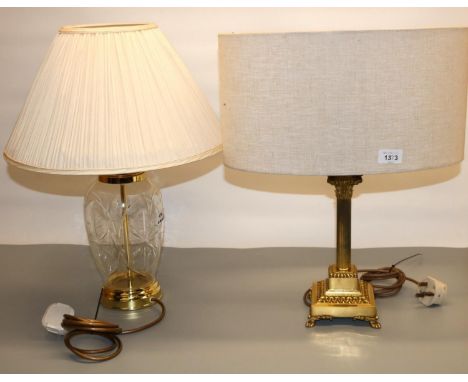 C20th brass Corinthian column table lamp H49 and a lead crystal and brass mounted table lamp H53cm (2) 