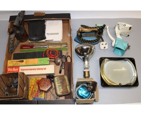 Vintage 1950's television magnifier, 1950's Magnet electric iron, Harper Limpet mincer, Monitor brass bodied blow lamp, two Y