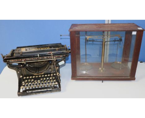 Underwood typewriter; Griffin &amp; Sons cased scientific balance scales; Ever Ready hand torch; Bladon blow-lamp; pressure v