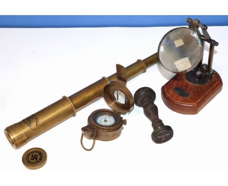 Reproduction marching compass marked TG. Co Ltd London NA266322 1940 MKIII, D6cm; reproduction 'Deutsche Reichsbahn' Nazi Thi