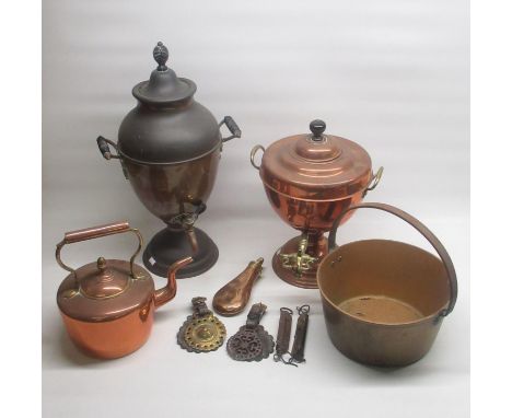 C20th brass samovar, another brass &amp; copper samovar, brass jam pan, copper kettle, copper &amp; brass Battie patent shot 