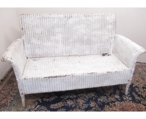 Lloyd Loom style white painted woven fibre two seat conservatory sofa, W150cm D65cm H90cm 