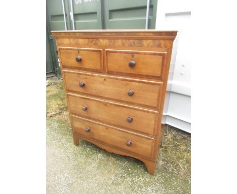 Victorian mahogany crossbanded light oak oak chest of two short and three long drawers, with turned handles and on bracket fe