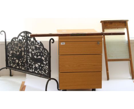 Small office chest of drawers, washboard, cast metal fire grate and Rabone &amp; Sons spirit level (4) 