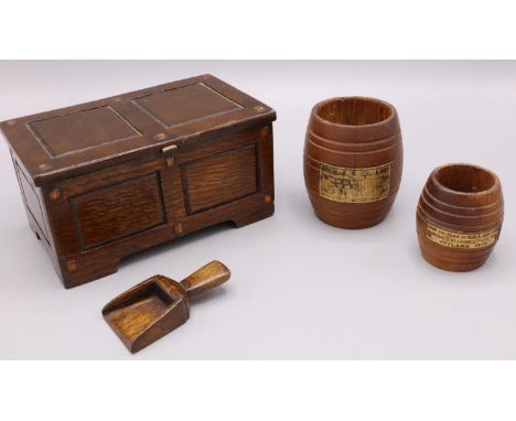 Two miniature ships wood teak barrels from HMS Ganges broken up at Plymouth 1930, H7.5cm; HMS Iron Duke Jutland 1916, H5.5cm;