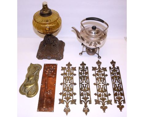 Two Arts &amp; Crafts door finger plates, one  copper decorated with an apple tree H30.5cm; four Gothic Revival brass finger 