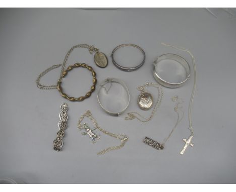 Two hallmarked sterling silver locket pendant necklaces, three other silver necklaces, including a clown pendant on silver ch
