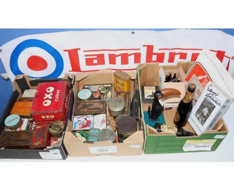 Collection of vintage tins; Guiness items incl. two packs of playing cards, miniature bottles etc.; vesta vases; Lambretta vi
