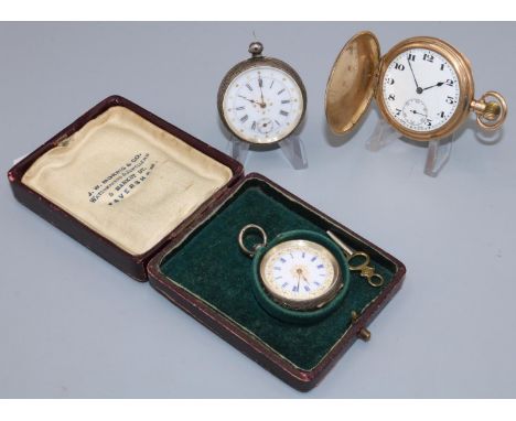 Swiss rolled gold keyless wound and set Hunter pocket watch, Dennison Moon case serial no.634154 and two Swiss silver cased o