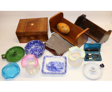 Victorian Tunbridge banded and mother-of-pearl inlaid walnut sewing / work box A/F, two vaseline glass vases with flared rims