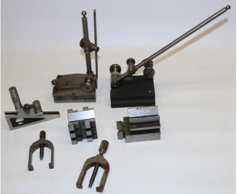Eclipse No.102 surface gauge, another surface gauge, two "V" blocks and three other engineering precision tools (7) 