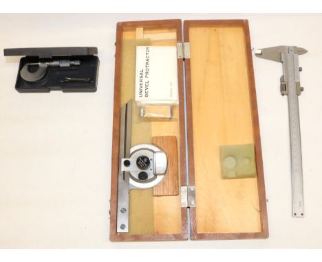 Mitutoyo cased Universal Bevel Protractor Set, Mitutoyo 1/1000in vernier caliper and a Mitutoyo 0 -.5" mircrometer (3) 