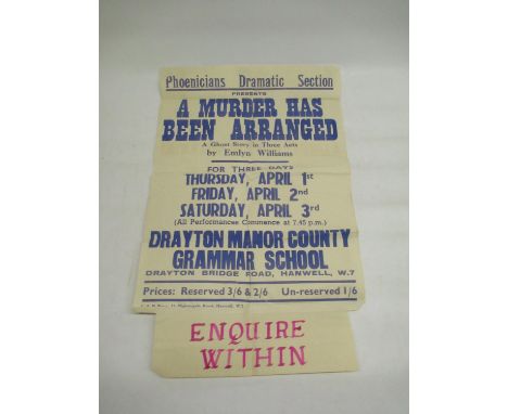 C20th A Murder has Been Arranged playing at Drayton Manor County Grammer School poster, 1928 auction poster for 'St. Cuthbert