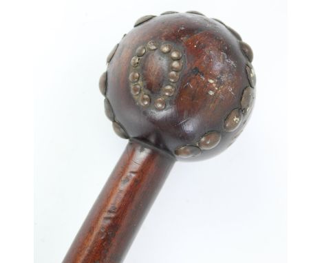 African hardwood knobkerrie, globular head set with metal studs, H72cm 