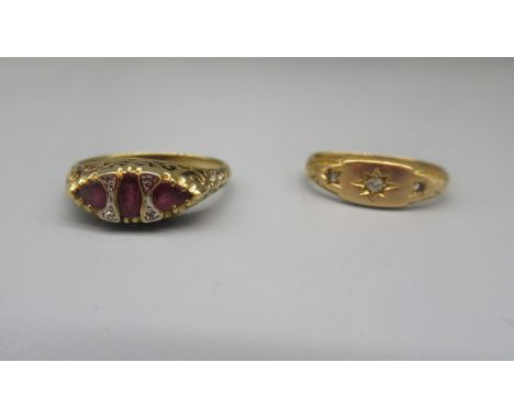 9ct yellow gold ruby and diamond ring with ornate mount, stamped 375, size P1/2, and a 15ct yellow gold gypsy style ring set 