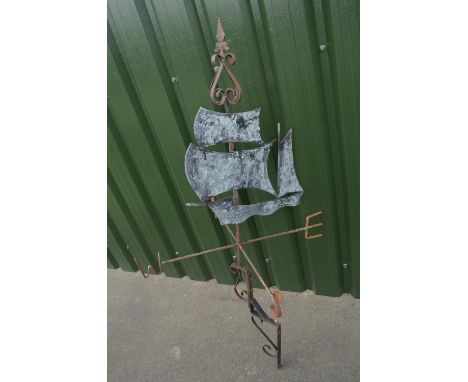 Metal weather vane in the form of a sailing ship with static compass points, H144cm. 