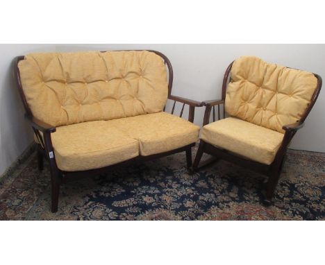 Mid century Joynston Holland Ercol style two seat sofa &amp; rocking chair, W116cm D64cm H80cm max (2) 