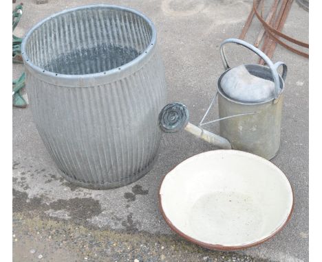 Dolly tub (H52cm), 2.5 gallon galvanised steel watering can with rose and a ceramic stone glazed panchon (diameter 43cm) 