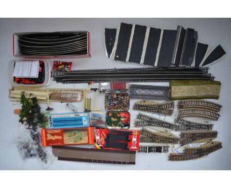 Extensive collection of OO gauge railway scenic accessories, Hornby and Marklin track, controllers, vehicles, figures etc. In