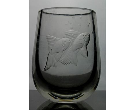 1950s Scandinavian clear glass vase in the manner of Holmegaard/Orrefors with etched goldfish design, H15cm 