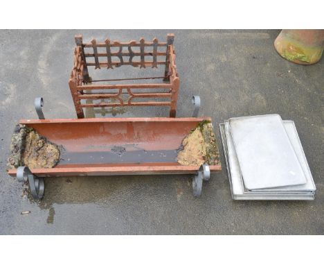 Cast iron fire basket W50cm D31.5 H30.5cm, a half round ceramic planter L91cm, metal trays/lids (qty) 