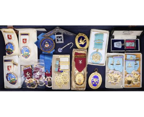Unmarked white metal Masonic Past Masters collar jewel and a collection of base metal and enamel Masonic jewels mainly for po