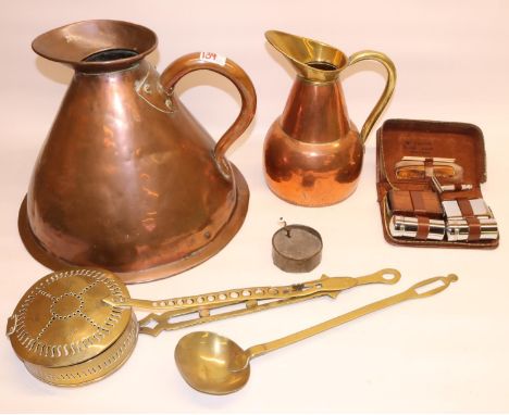 C19th copper and brassware inc. large measure H31cm, jug in brass and copper H28cm, brass chestnut roaster, brass ladle; 19th