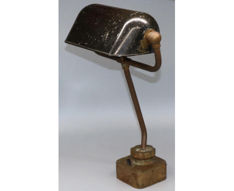 Early C20th adjustable brass desk lamp by Gabriel &amp; Co Ltd Birmingham, with black Bakelite shade on square base with swit
