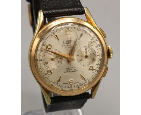 Desotos rolled gold hand wound chronograph wristwatch. Signed silvered bi-compax dial with applied Arabic and baton hour mark