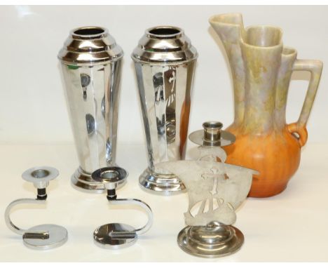 Collection of Art Deco style items incl. pair of chromed vases H26cm, a pair of crescent moon chrome candlesticks H10cm, a ca