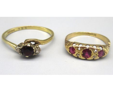 18ct yellow gold three stone ruby ring, set with small diamonds (one missing), size M1/2, and a 18ct yellow gold diamond and 