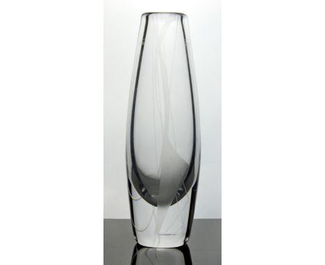 Mid C20th Orrefors clear glass sail vase designed by Per Lutken, with etched abstract design, etched marks to base, H24cm 