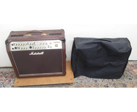 Marshall Acoustic Soloist AS100D guitar amplifier, made in England, Owners manual, black protective cover with a wood moving 