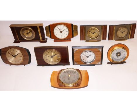 Metamec 8 day mahogany and brass bound mantle clock, two tone gold coloured dial, W27cm; six retro Metamec 8 day mantle clock