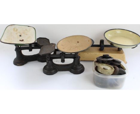 Three sets of vintage cast metal kitchen scales and associated weights 