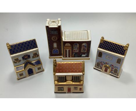 Four Royal Crown Derby churches, pubs and buildings, 'Christmas Church', limited edition number 190/500, 'The Crown Inn', lim