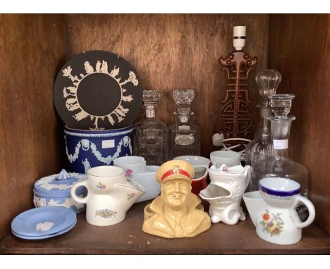 A mixed lot including Wedgwood Jasperware jardiniere, dish and cover, plate and two ashtrays, various shaving mugs, a WWI Roy