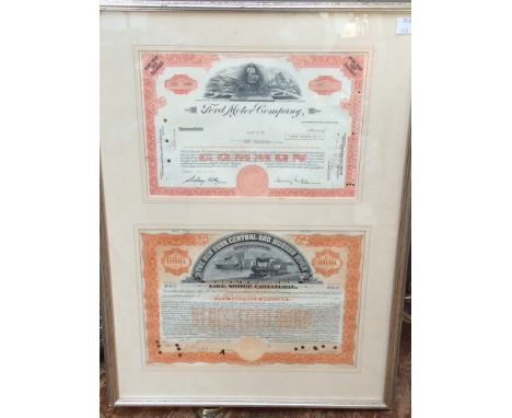 Two framed Share Certificates/ Bonds for the Ford Motor Company and The New York Central and Hudson River Railroad Company (f