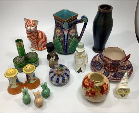 Various ceramics including a Copeland Majolica 'Egyptian Lotus' pattern jug with square top, lozenge to base and marked 2 gil