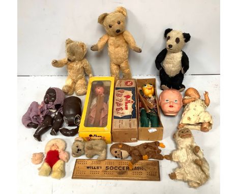 An early Pelham puppet 'Mr Turnip' in original box, together with a later Pelham puppet and various dolls, puppets and teddy 