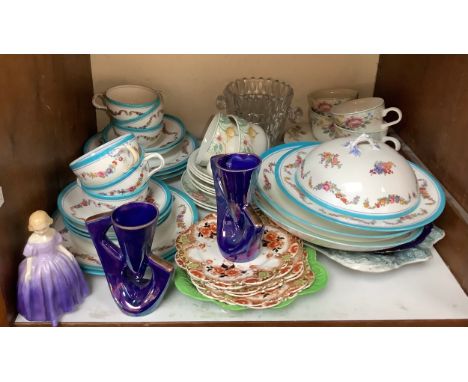 Ceramics and glass over two shelves including a Carltonware salad dish, cranberry glass decanter and stopper, Edwardian part 