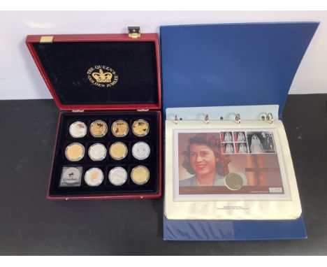 A small collection of assorted silver and gold-plated coins, together with 11 QEII commemorative coin first day covers etc. 