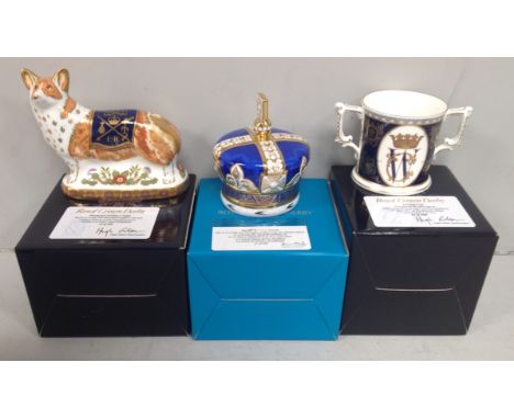 Two Royal Crown Derby paperweights, 'Diamond Jubilee Corgi', limited edition 76/500 and 'The 90th Birthday Crown', limited ed