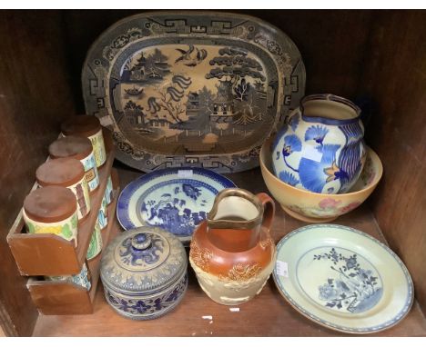 Various ceramics including blue and white willow pattern meat plate, other blue and white plates, silver rimmed doulton harve