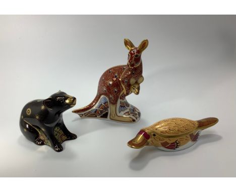 Three assorted Royal Crown Derby paperweights, two from the Australian Collection, 'Kangaroo' and 'Duck-billed Platypus,' tog