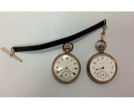 Two gold-plated open-face pocket watches by Waltham, one with white enamel dial, Arabic numerals denoting hours and subsidiar