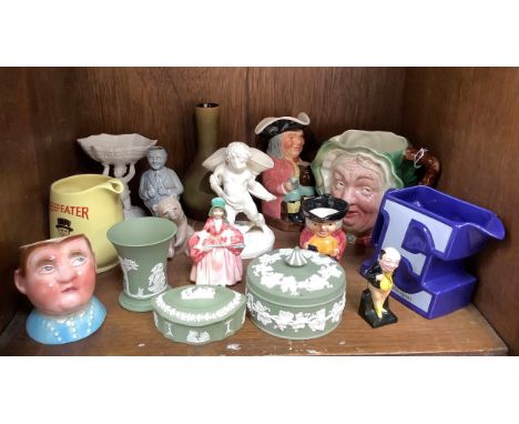 Mixed ceramics including a Moore Brothers sweetmeat cherub centrepiece, Wedgwood Jasperware vase and two pots with covers, fo