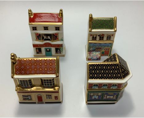 Four Royal Crown Derby shops, 'Wedding Florist Shop-Love Blossoms', limited edition 361/500, 'Post Office', limited edition 3