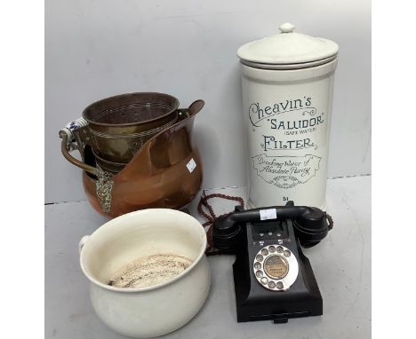 A black bakelite vintage telephone and a stoneware pottery Cheavin's 'Saludor' Safe Water Filter, together with a copper coal